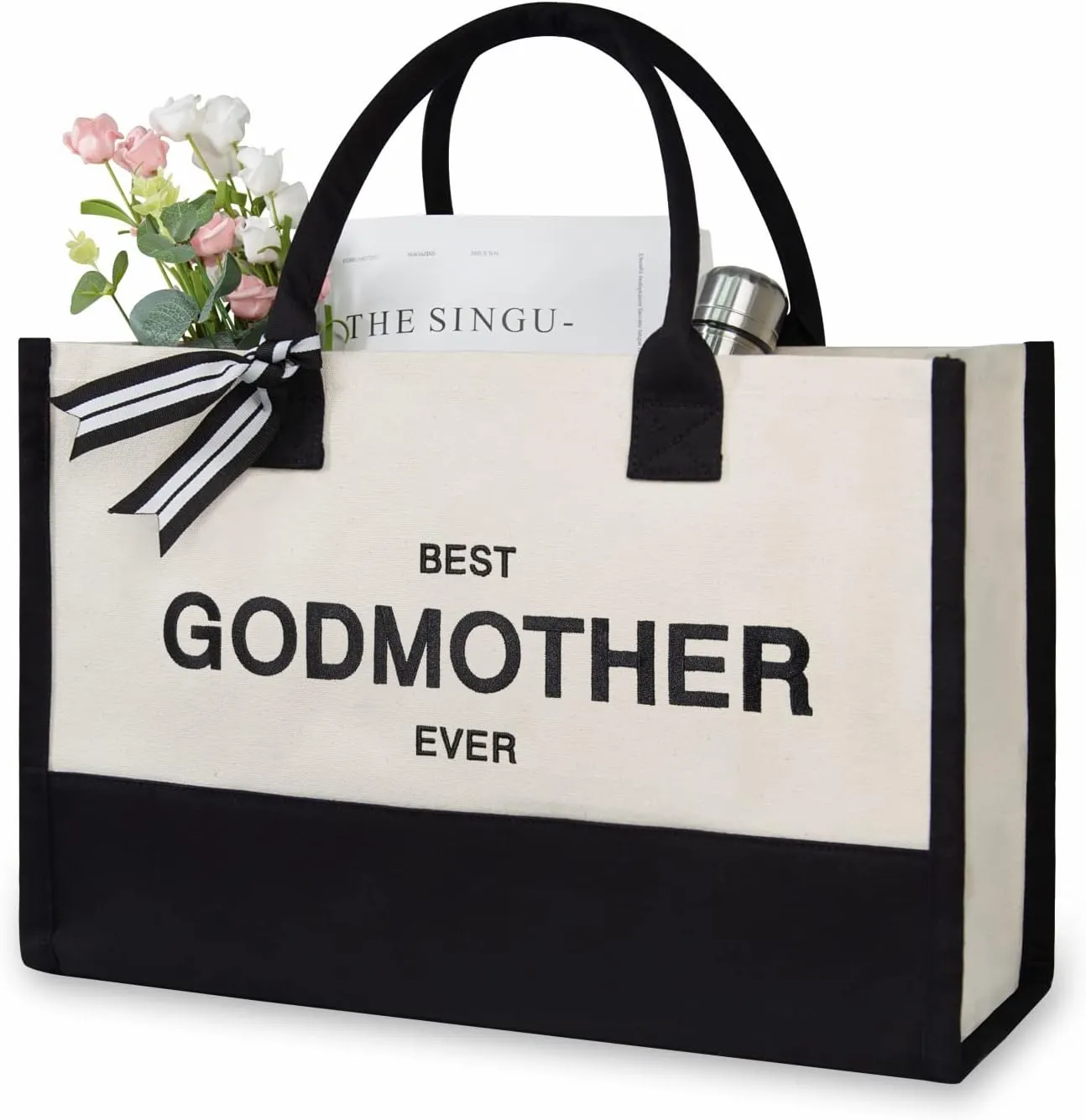 TOPDesign Embroidery Canvas Tote Bag for Women, Godmother Gifts from Godchild Goddaughter Godson, New Godmother Announcement Proposal Gifts, Personalized Bag for Beach, Holiday