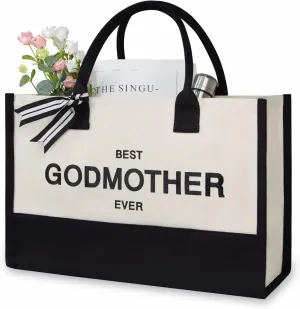 TOPDesign Embroidery Canvas Tote Bag for Women, Godmother Gifts from Godchild Goddaughter Godson, New Godmother Announcement Proposal Gifts, Personalized Bag for Beach, Holiday