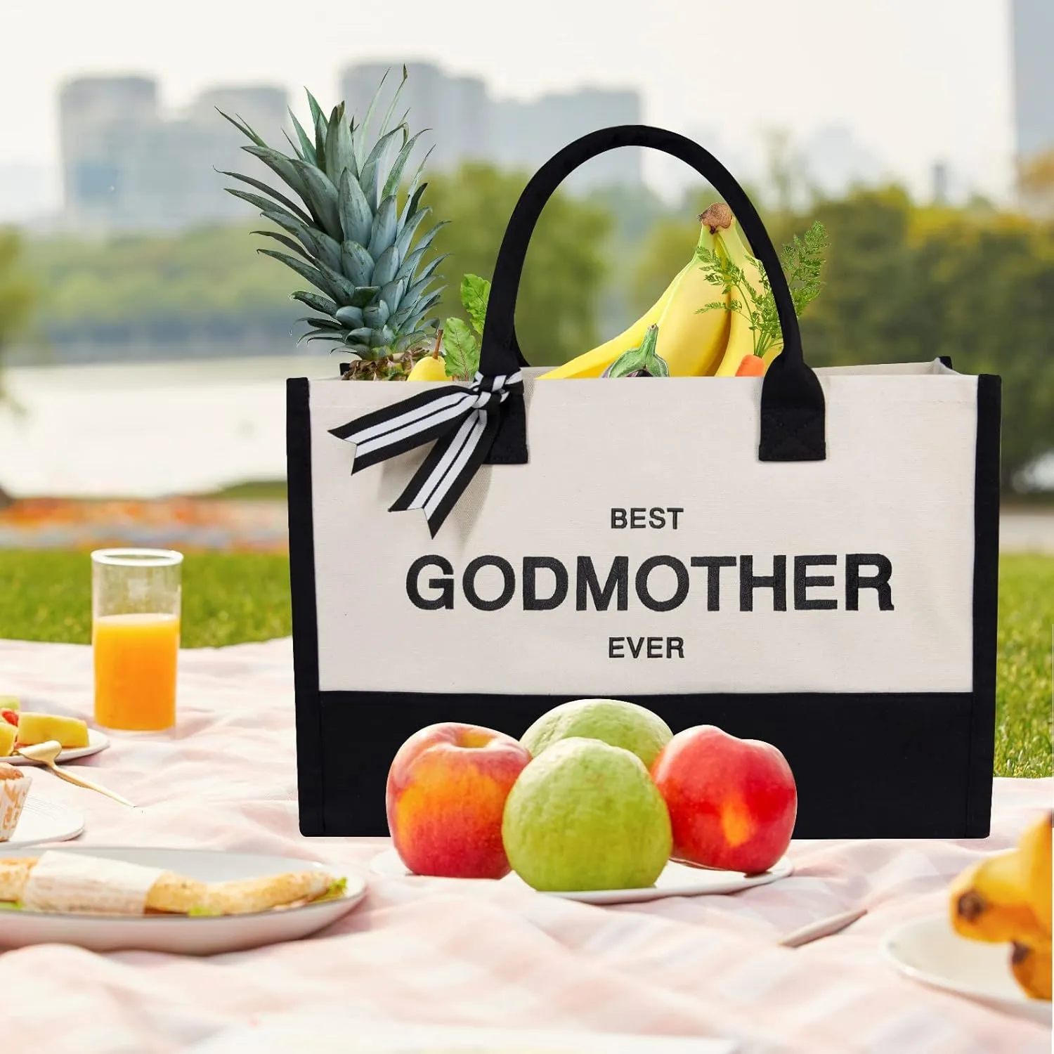 TOPDesign Embroidery Canvas Tote Bag for Women, Godmother Gifts from Godchild Goddaughter Godson, New Godmother Announcement Proposal Gifts, Personalized Bag for Beach, Holiday