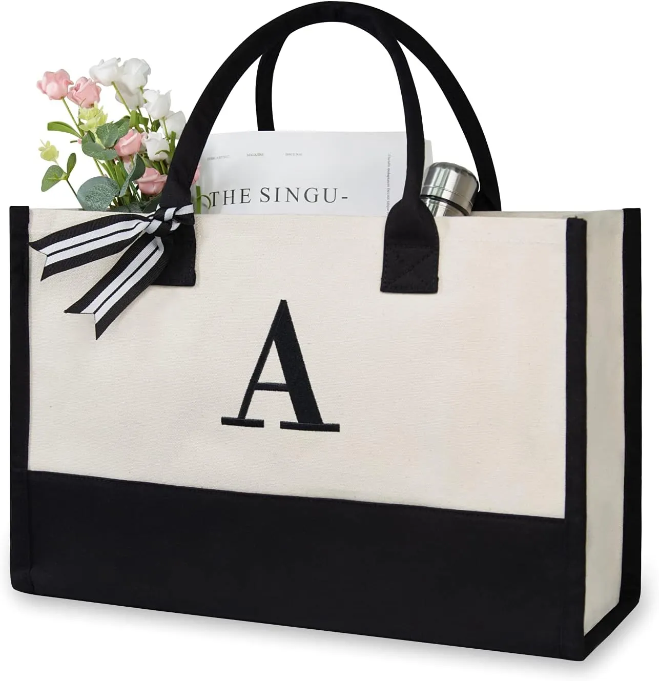 TOPDesign Embroidery Initial Canvas Tote Bag, Personalized Present Bag, Suitable for Wedding, Birthday, Beach, Holiday, is a Great Gift for Women, Mom, Teachers, Friends, Bridesmaids (Letter A)