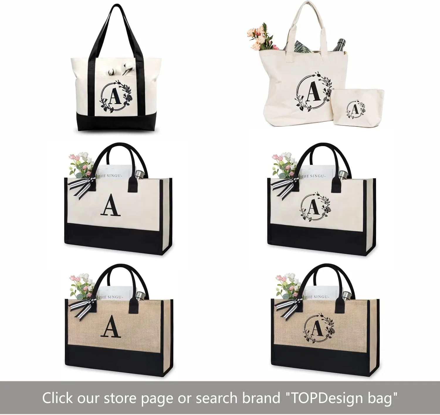 TOPDesign Embroidery Initial Canvas Tote Bag, Personalized Present Bag, Suitable for Wedding, Birthday, Beach, Holiday, is a Great Gift for Women, Mom, Teachers, Friends, Bridesmaids (Letter A)