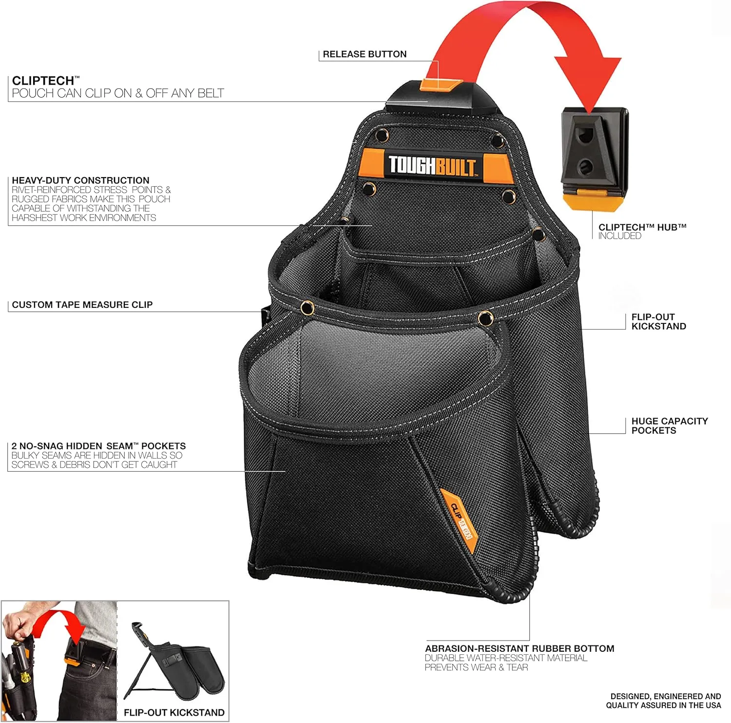 ToughBuilt - Mega Supply Tool Pouch - Multi-Pocket Organizer, Heavy Duty, Deluxe Premium Quality, Durable - 7 Pockets, Hammer Loop - (TB-CT-03)