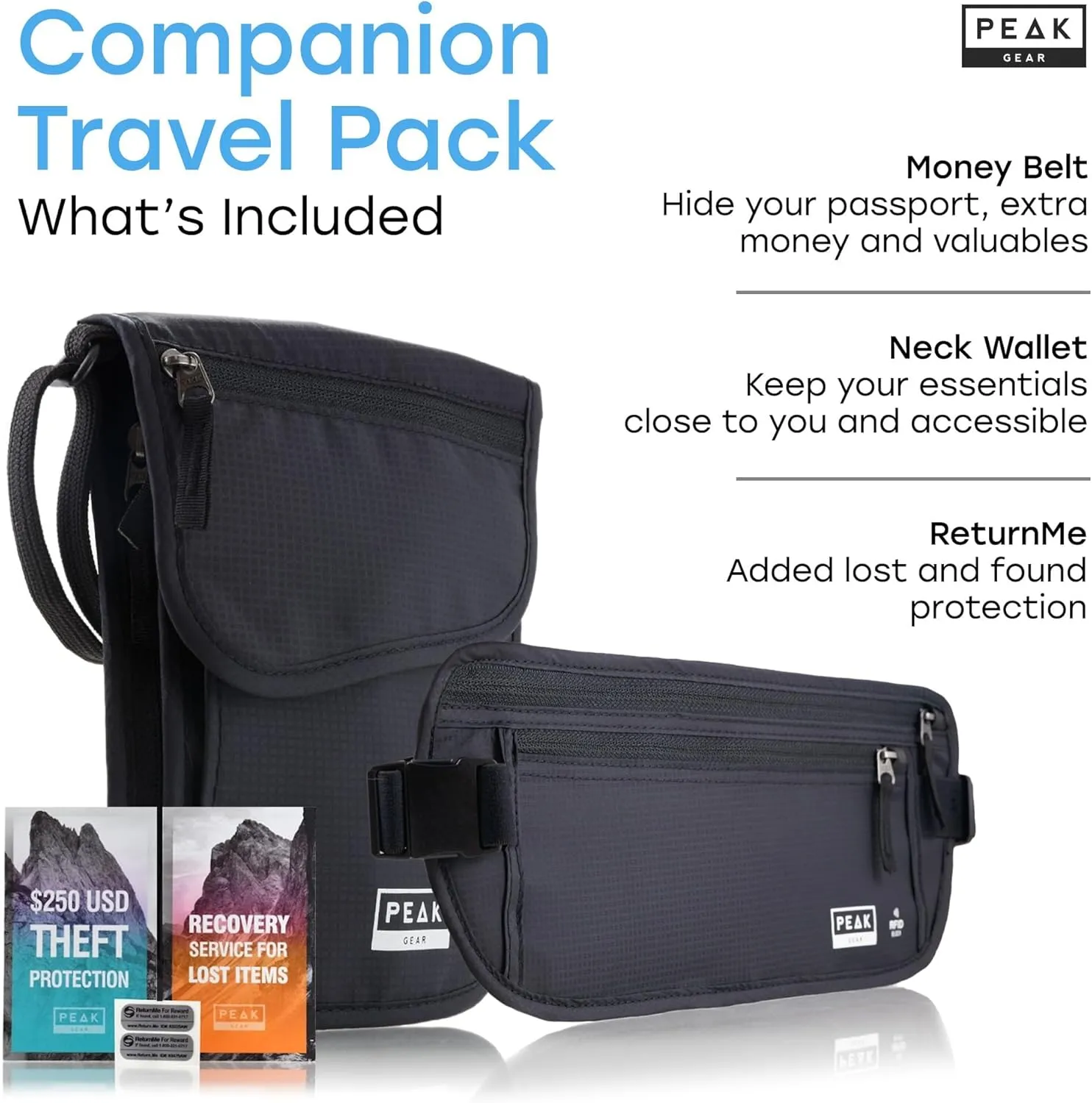 Travel Companion Combo - Hidden Travel Money Belt   Neck Wallet (Gray, Bundle)
