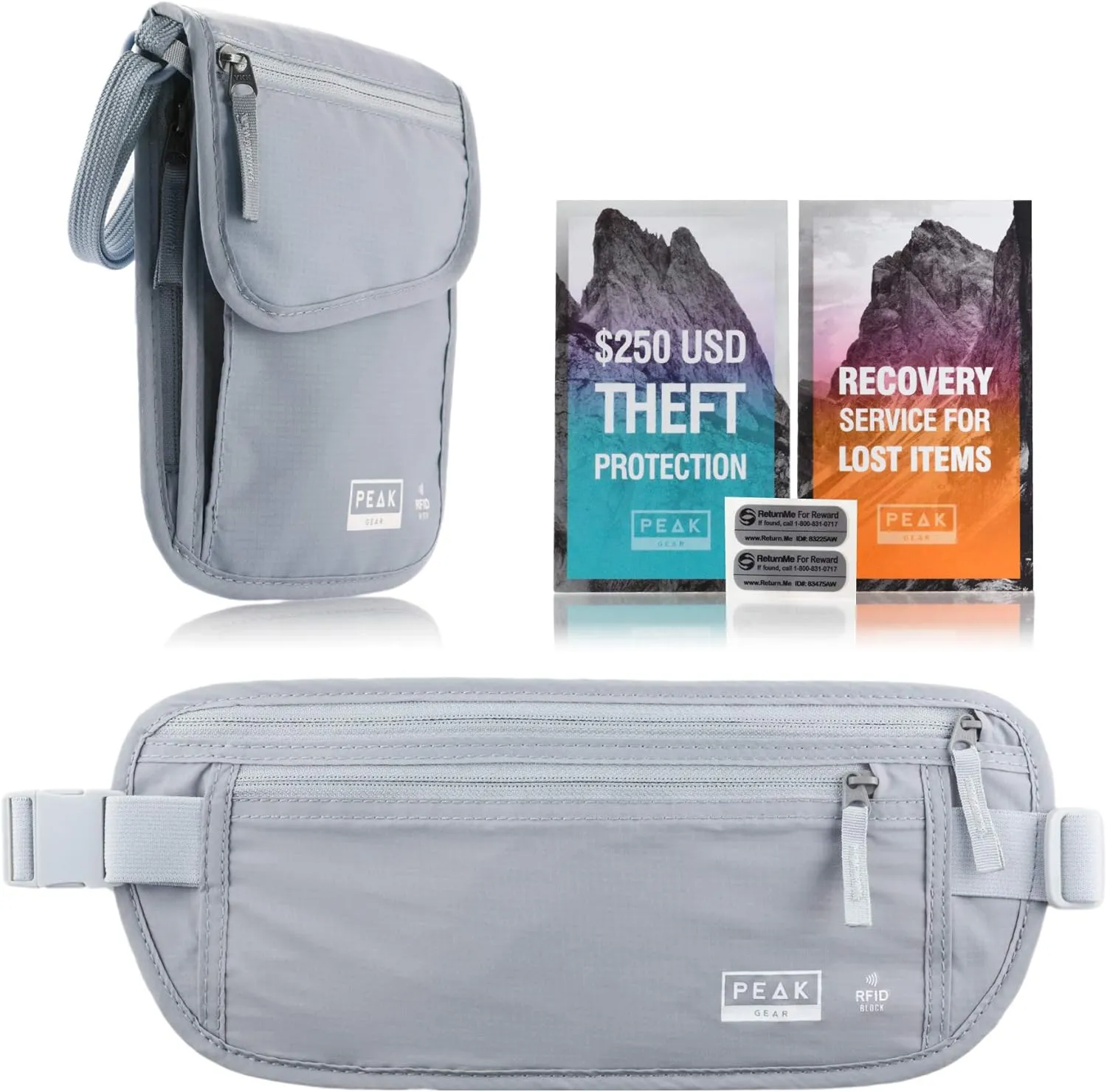 Travel Companion Combo - Hidden Travel Money Belt   Neck Wallet (Gray, Bundle)