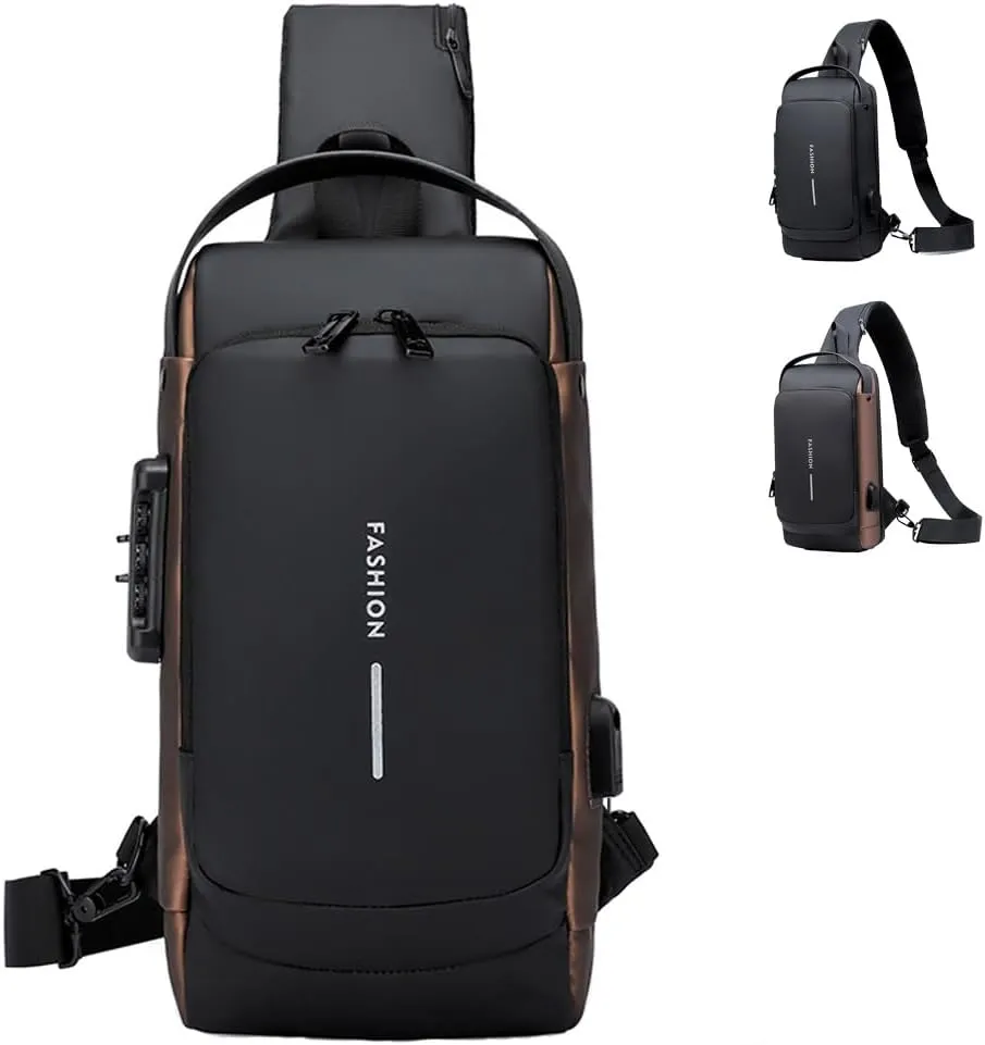 Travel Sling Bag Waterproof Crossbody Bag with Combination Lock Anti-Theft PU Leather Chest Bag with USB Charging Hole Shoulder Backpack Motorcycle Bags Black-gold