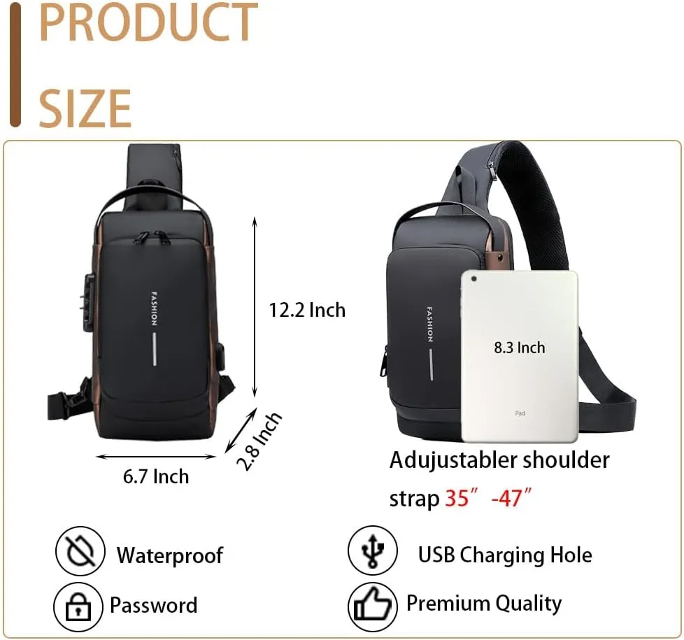 Travel Sling Bag Waterproof Crossbody Bag with Combination Lock Anti-Theft PU Leather Chest Bag with USB Charging Hole Shoulder Backpack Motorcycle Bags Black-gold