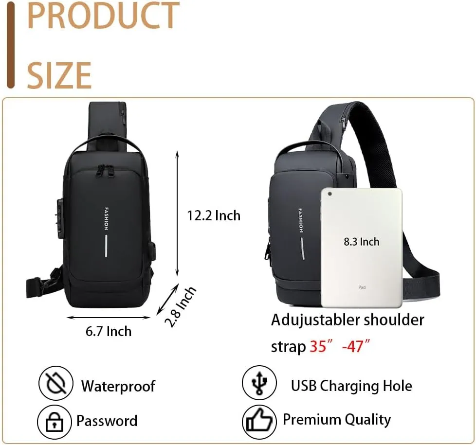 Travel Sling Bag Waterproof Crossbody Bag with Combination Lock Anti-Theft PU Leather Chest Bag with USB Charging Hole Shoulder Backpack Motorcycle Bags Black