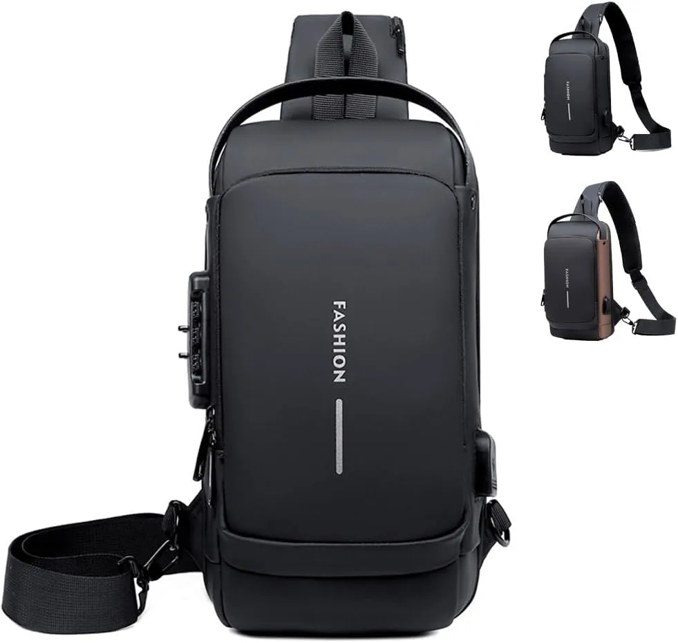 Travel Sling Bag Waterproof Crossbody Bag with Combination Lock Anti-Theft PU Leather Chest Bag with USB Charging Hole Shoulder Backpack Motorcycle Bags Black