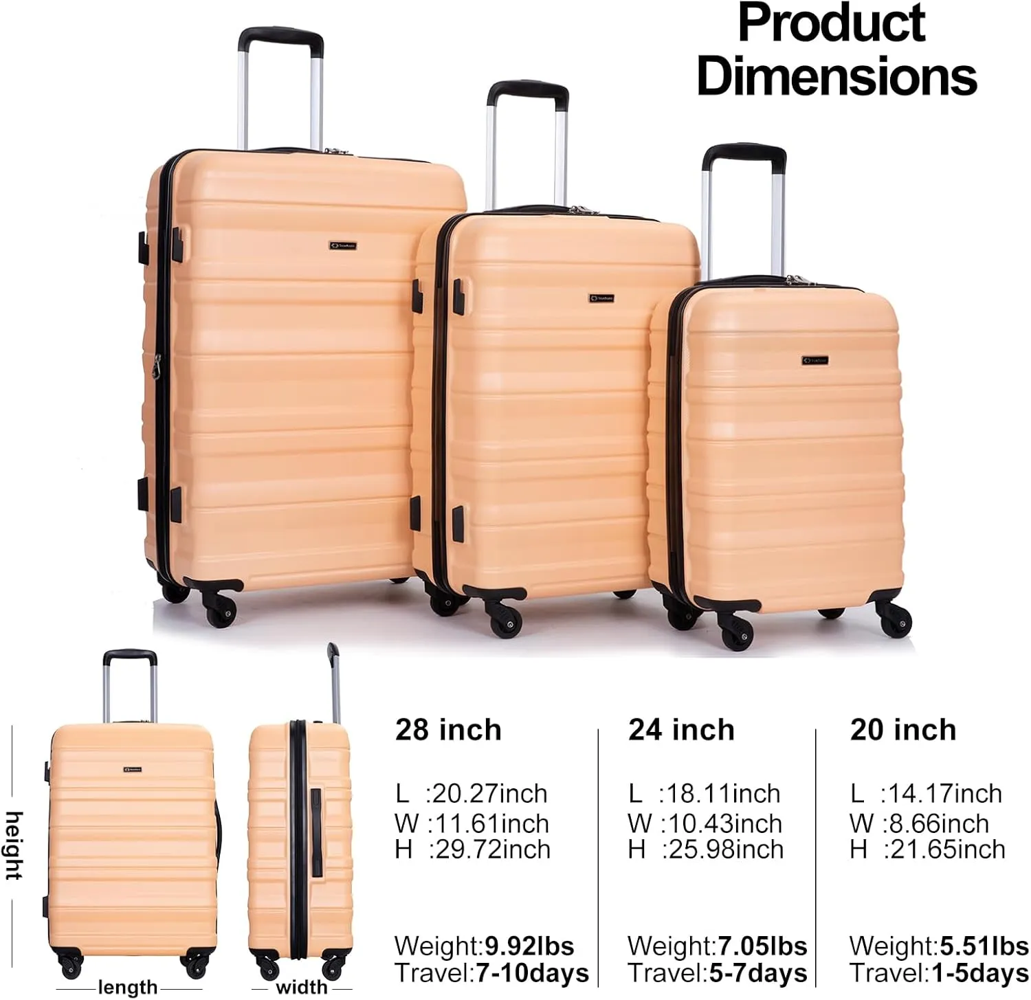 Travelhouse TravelhouseLuggageSets3PieceWear-ResistanceHardshellSpinnerWheelsSuitcaseSetswithTsaLock20/24/28TravelLuggagesClearanceLightweight