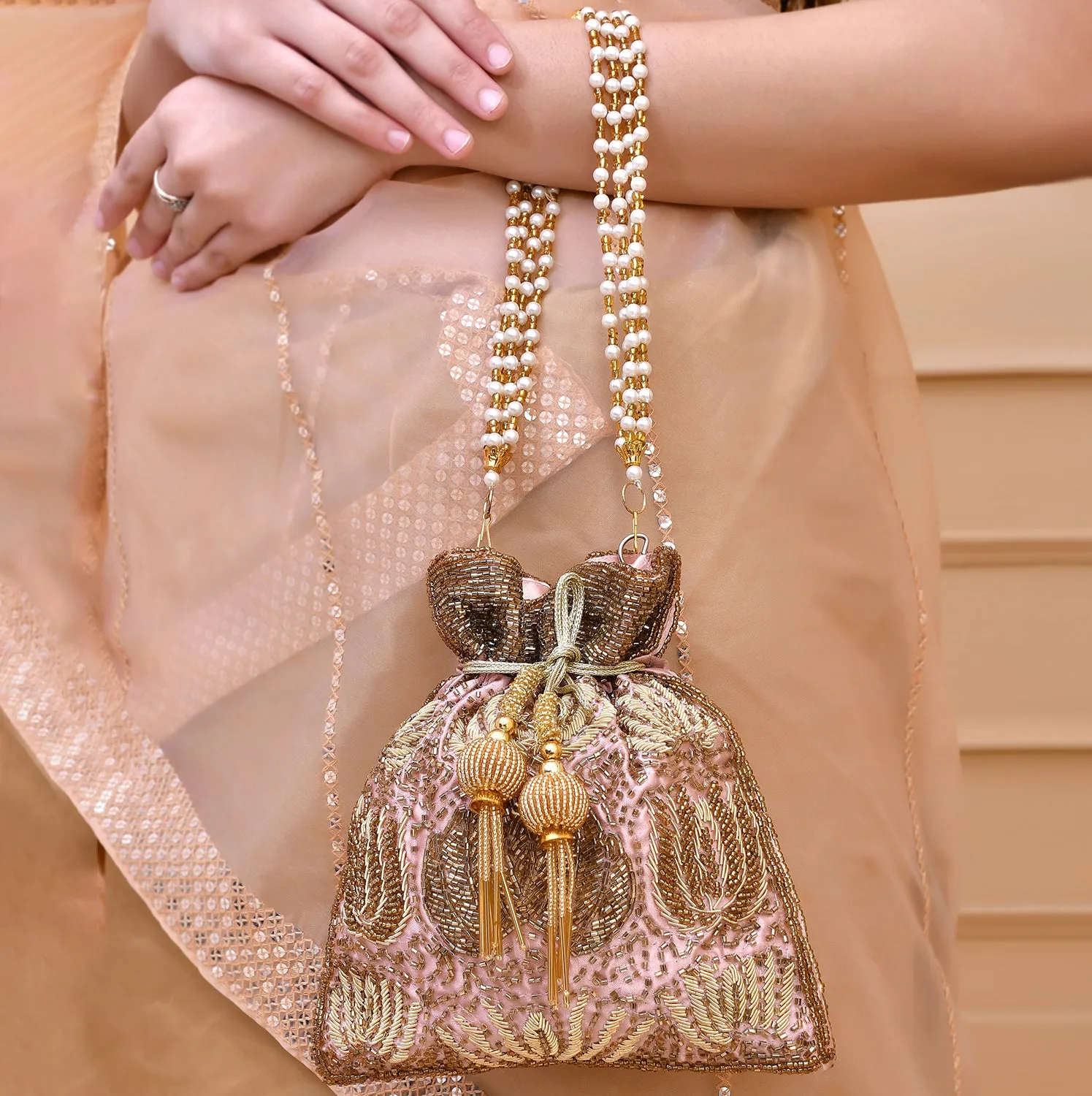 Trendy Bags Golden Beads Embellished Potli