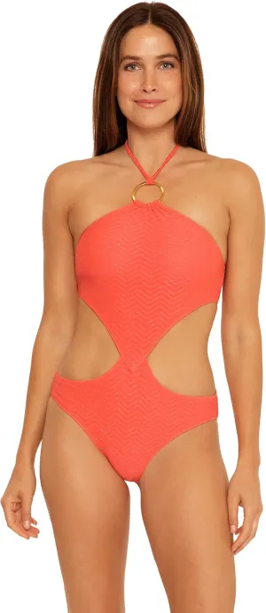 Trina Turk Women's Standard Empire High Neck One Piece Swimsuit-Gold Detailing, Bathing Suits