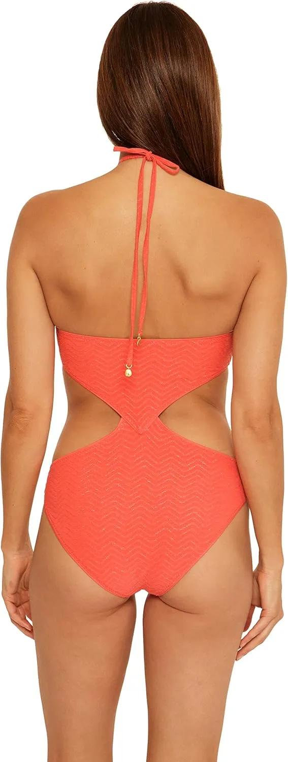 Trina Turk Women's Standard Empire High Neck One Piece Swimsuit-Gold Detailing, Bathing Suits