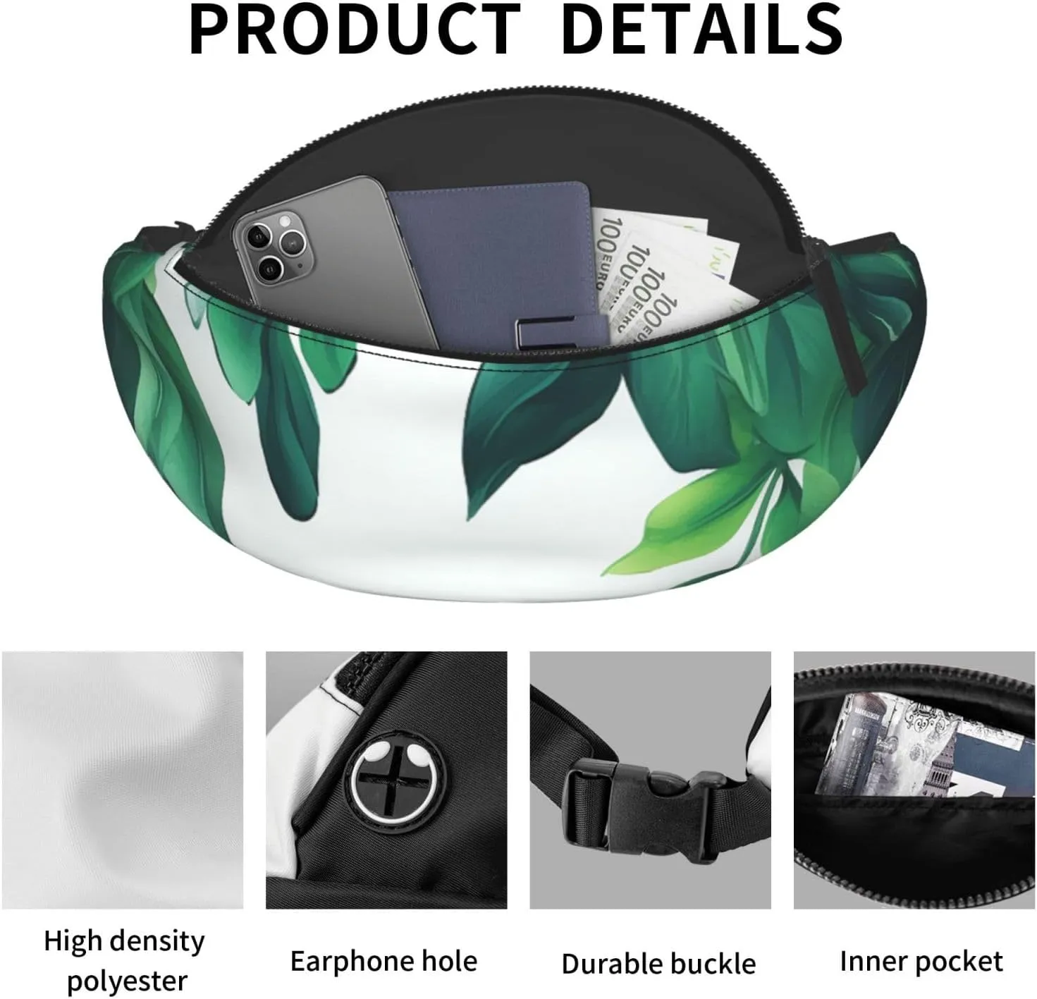 Tropical Green Leaves Fanny Pack for Man Women Waist Bag Adjustable Belt Casual Chest Bag Bum Bags for Travel Sports Running Hiking Waist Packs