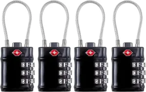 TSA Approved Cable Luggage Locks, 3 Digit Combination Padlocks, Travel Lock for Suitcases Bag, Alloy Body, Travel Accessories (Black 4 Pack)