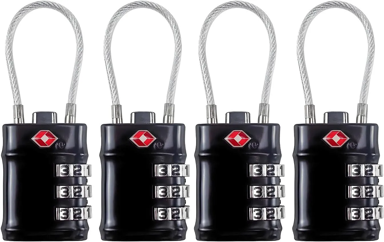 TSA Approved Cable Luggage Locks, 3 Digit Combination Padlocks, Travel Lock for Suitcases Bag, Alloy Body, Travel Accessories (Black 4 Pack)