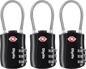 TSA Luggage Locks,[3 Pack] Diyife TSA Approved Cable Luggage Locks,Suitcase Padlocks,Luggage Locks, 3 Digit Resettable Combination Locks with Alloy Body for Travel,Bags,Suitcase