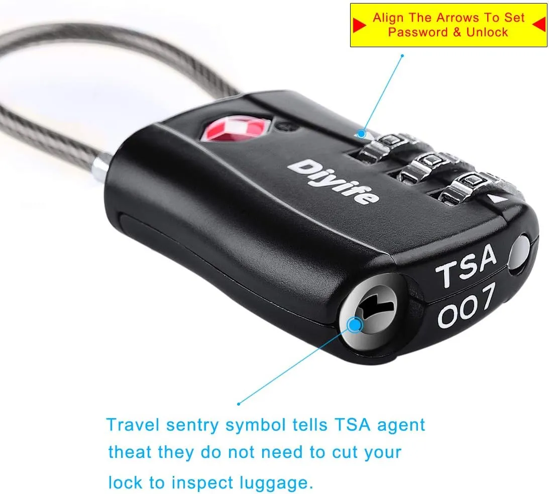 TSA Luggage Locks,[3 Pack] Diyife TSA Approved Cable Luggage Locks,Suitcase Padlocks,Luggage Locks, 3 Digit Resettable Combination Locks with Alloy Body for Travel,Bags,Suitcase