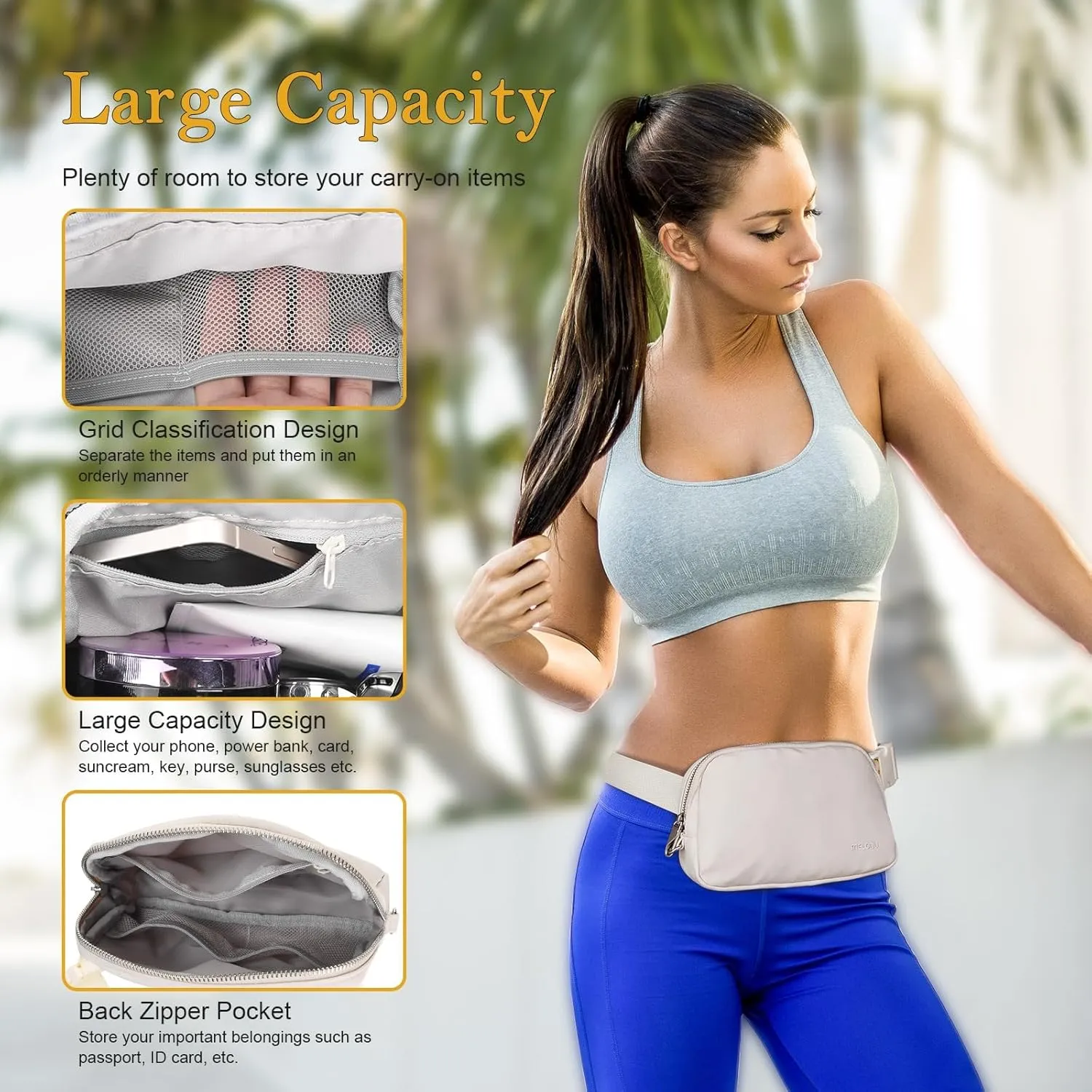 Unisex Small Crossbody Belt Bag for Ladies Women, Everywhere Fanny Pack with Anti Theft for Traveling Hiking Running Workout, Waist Pack Pouch with Adjustable Strap - beige