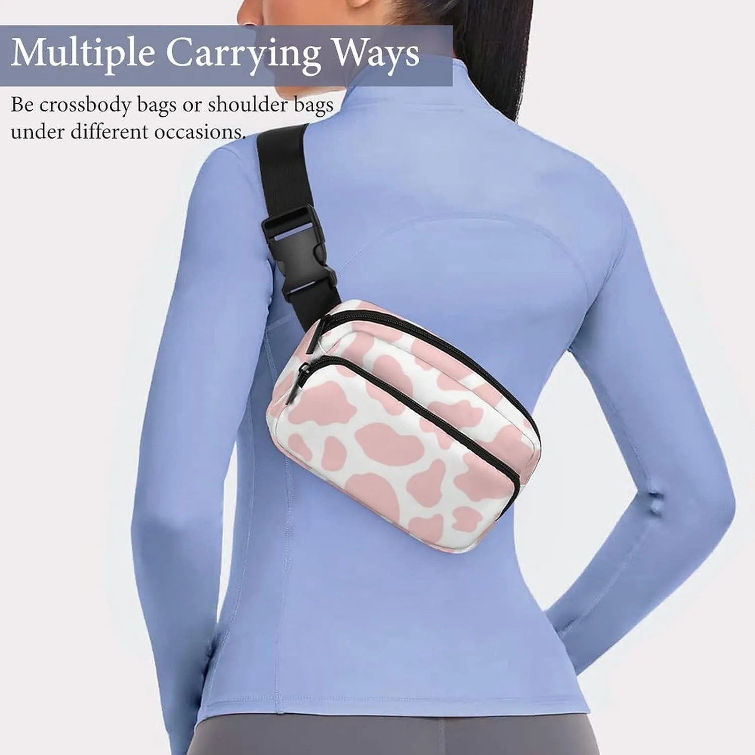 Unisex Waist Bag Fanny Packs, Water Resistant Hiking Crossbody Purse Sling Bag, Cute Strawberry Pink Cow Print Waist Pack Lightweight Chest Bag Running Hip Bum Bag