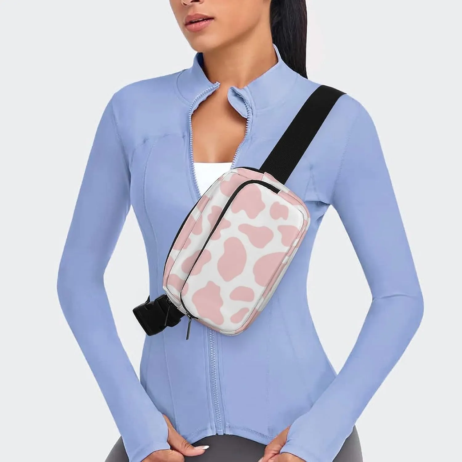 Unisex Waist Bag Fanny Packs, Water Resistant Hiking Crossbody Purse Sling Bag, Cute Strawberry Pink Cow Print Waist Pack Lightweight Chest Bag Running Hip Bum Bag