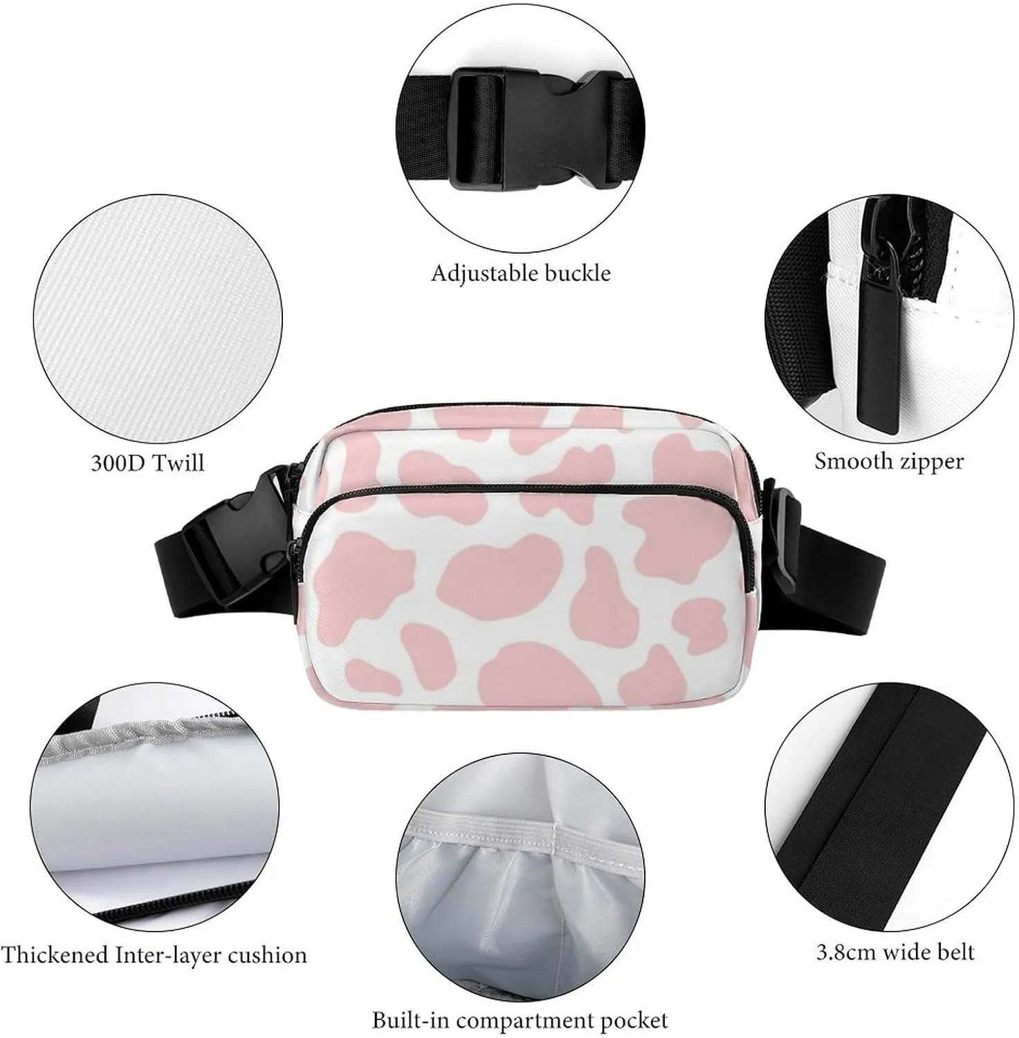 Unisex Waist Bag Fanny Packs, Water Resistant Hiking Crossbody Purse Sling Bag, Cute Strawberry Pink Cow Print Waist Pack Lightweight Chest Bag Running Hip Bum Bag