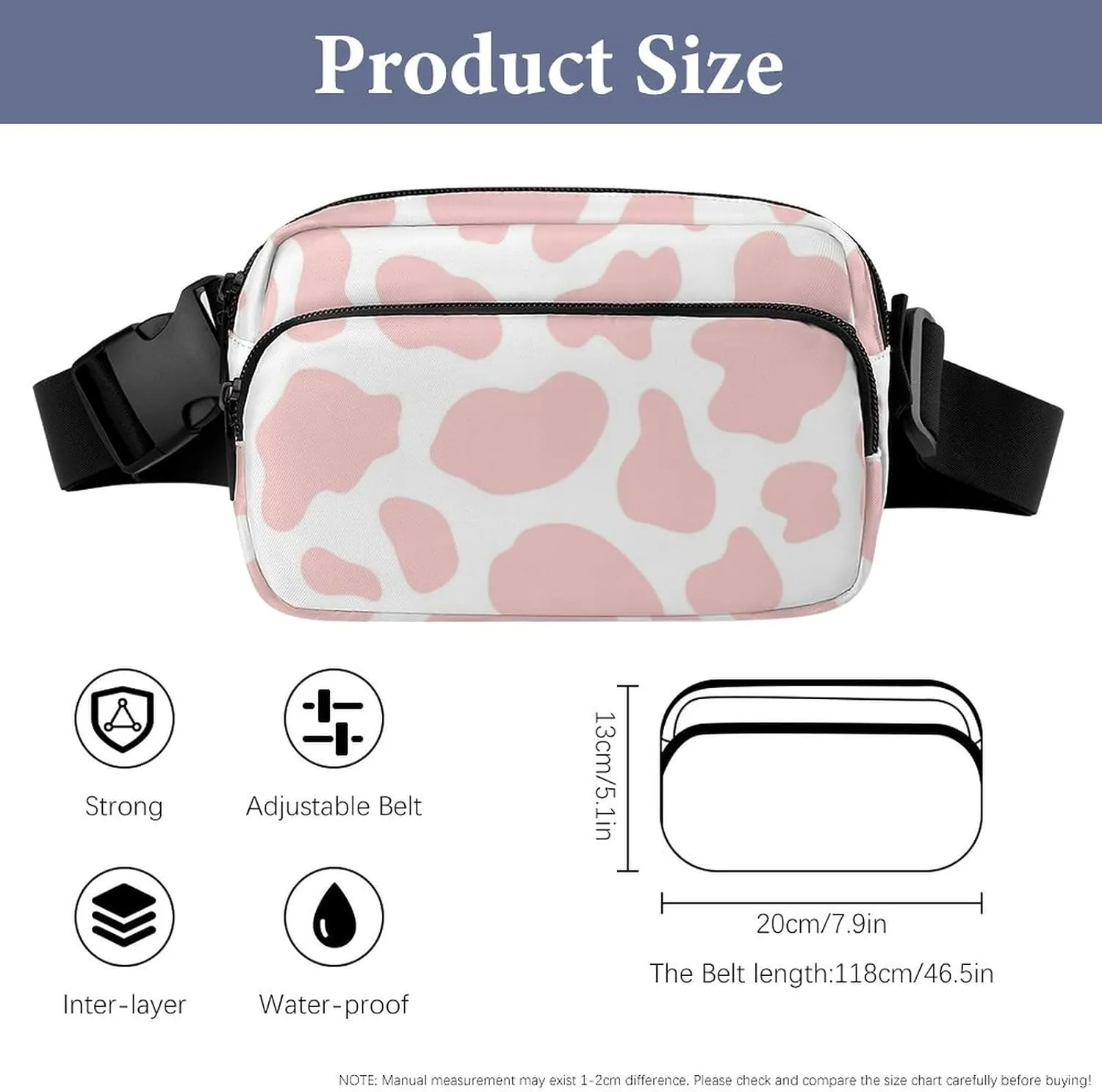 Unisex Waist Bag Fanny Packs, Water Resistant Hiking Crossbody Purse Sling Bag, Cute Strawberry Pink Cow Print Waist Pack Lightweight Chest Bag Running Hip Bum Bag