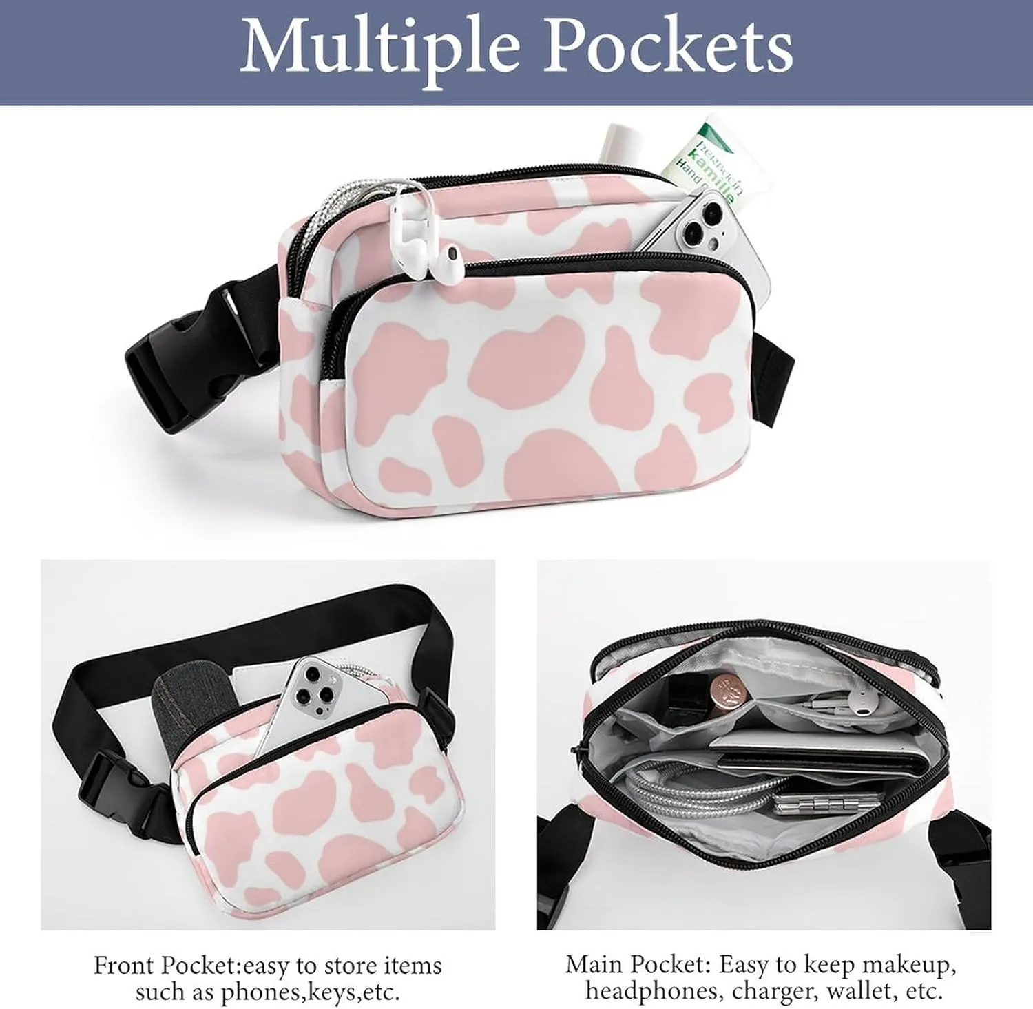 Unisex Waist Bag Fanny Packs, Water Resistant Hiking Crossbody Purse Sling Bag, Cute Strawberry Pink Cow Print Waist Pack Lightweight Chest Bag Running Hip Bum Bag