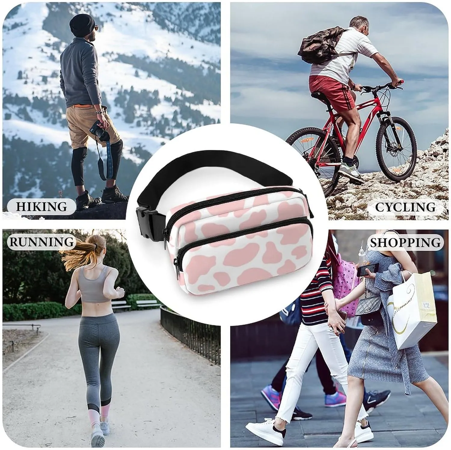 Unisex Waist Bag Fanny Packs, Water Resistant Hiking Crossbody Purse Sling Bag, Cute Strawberry Pink Cow Print Waist Pack Lightweight Chest Bag Running Hip Bum Bag
