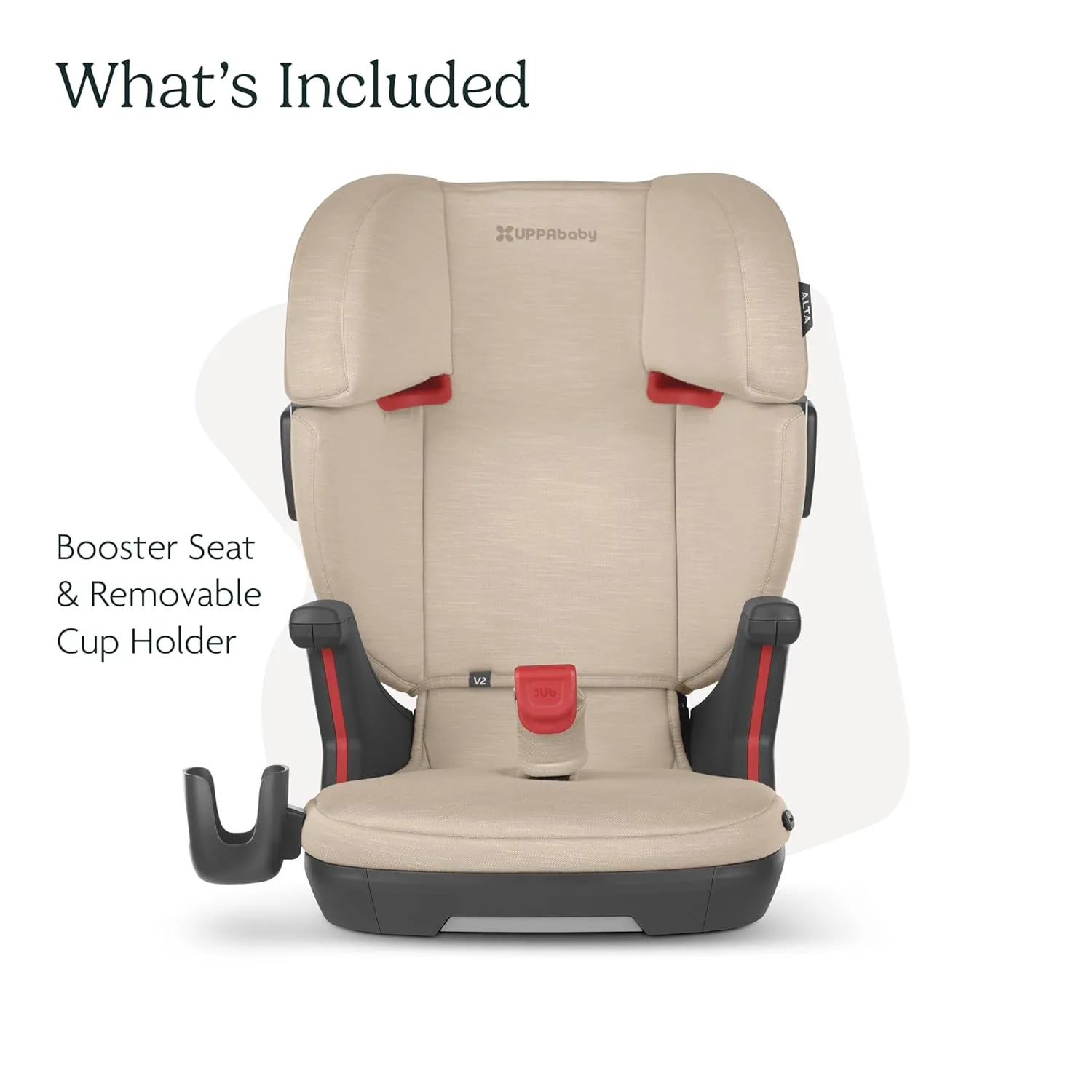 UPPAbaby Alta V2 High Back Booster Seat/Seven-Position, Active Support Headrest for Growing Children/SecureFit Integrated Belt Guide   Positioner/Cup Holder Included/Kavneer (Almond Mélange)