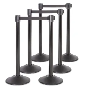 US Weight Black Heavy Duty Premium Steel Stanchion with Black 7.5-Foot Retractable Belt, 6 pack