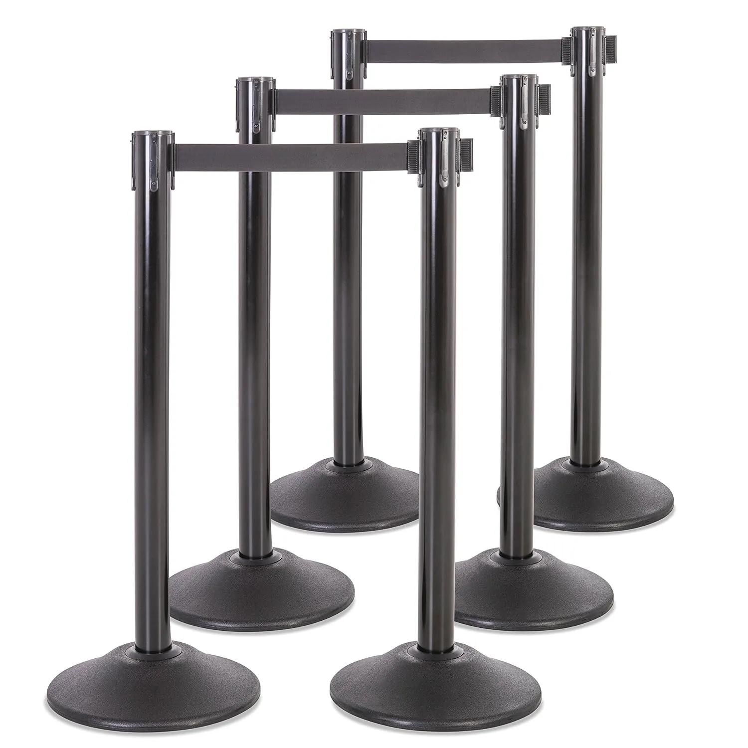 US Weight Black Heavy Duty Premium Steel Stanchion with Black 7.5-Foot Retractable Belt, 6 pack