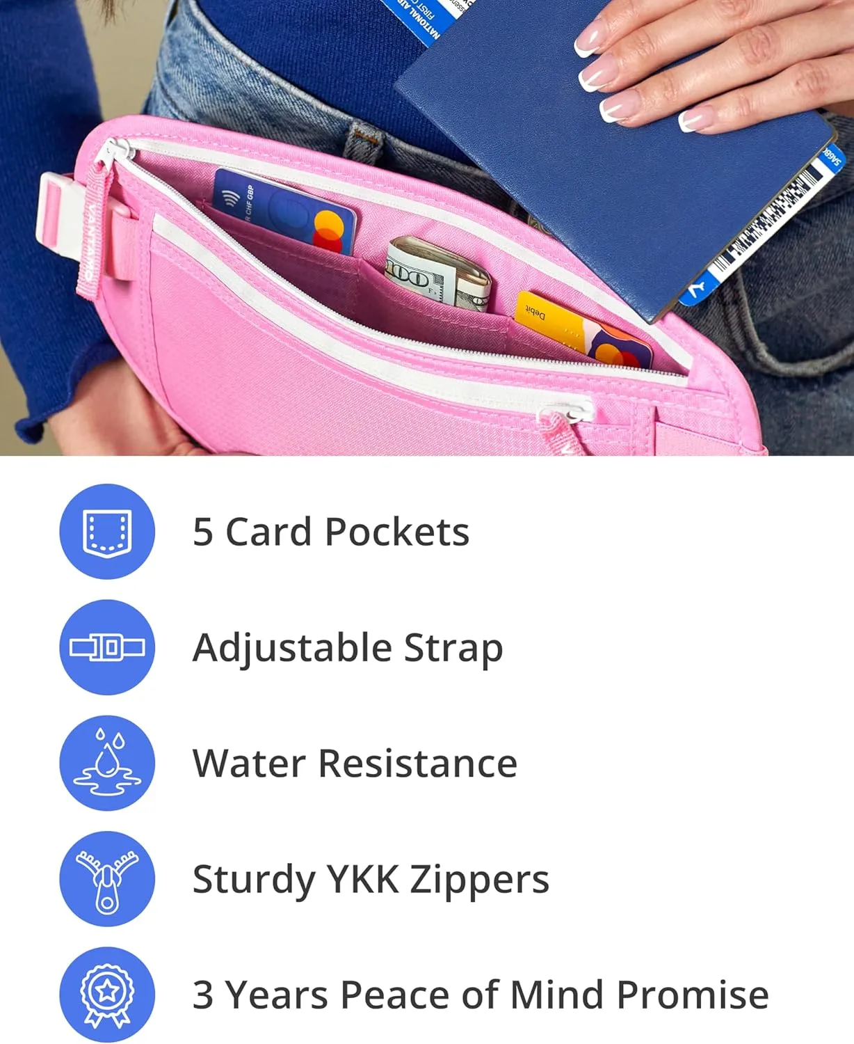 Vantamo Hidden Money Belt For Extra Safety, RFID Ultra-Thin Fanny Pack, 2 Compartment Money Bag Fits Passport & Phone