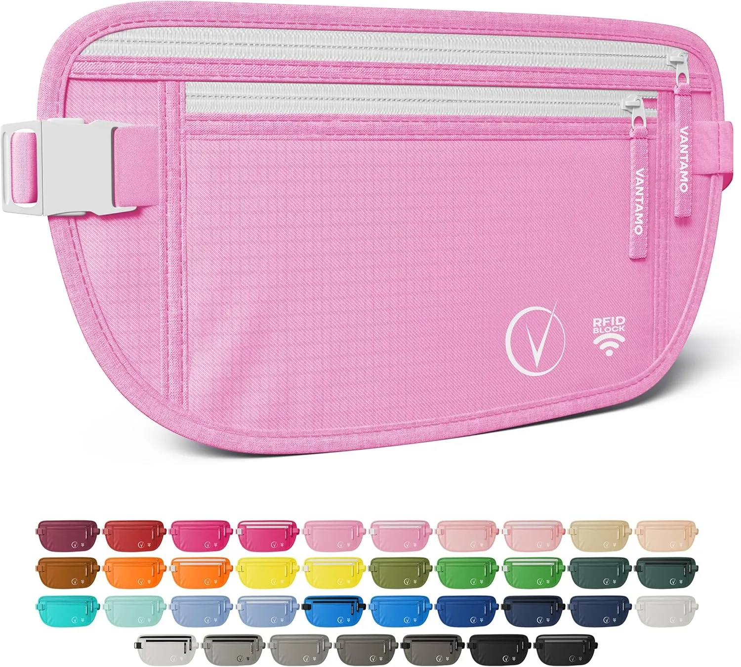 Vantamo Hidden Money Belt For Extra Safety, RFID Ultra-Thin Fanny Pack, 2 Compartment Money Bag Fits Passport & Phone