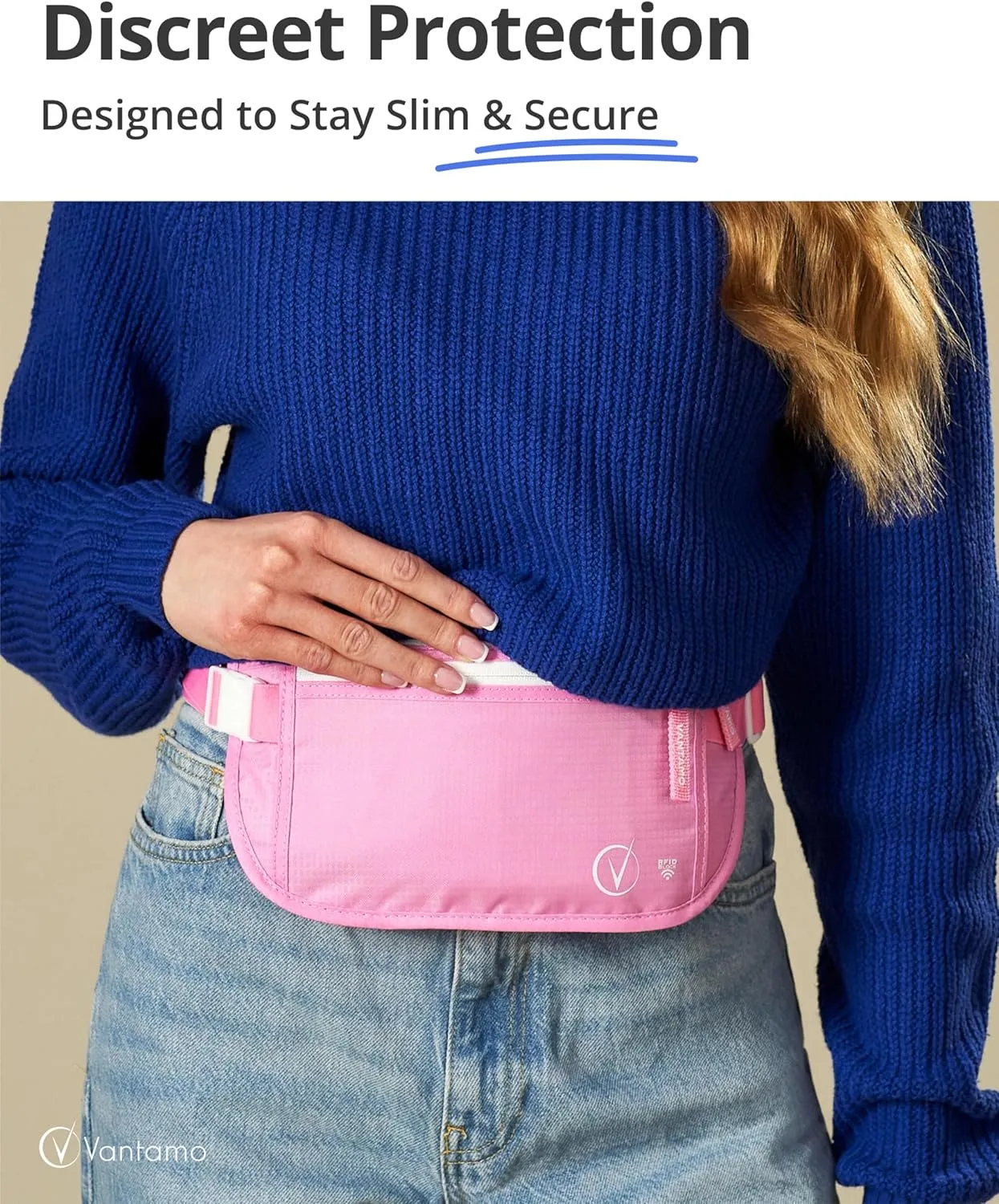 Vantamo Hidden Money Belt For Extra Safety, RFID Ultra-Thin Fanny Pack, 2 Compartment Money Bag Fits Passport & Phone