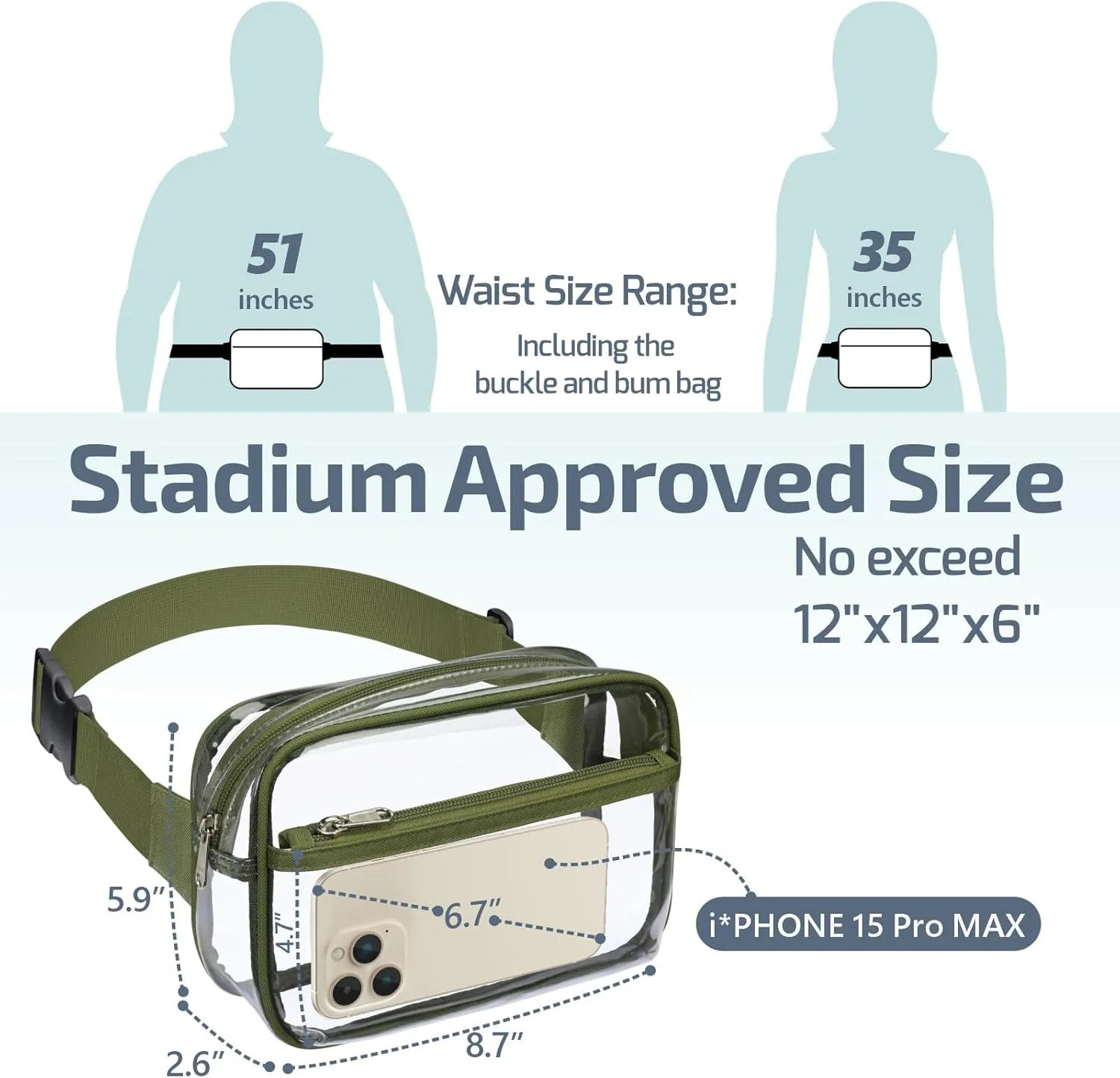 Veckle Clear Fanny Pack - Stadium Approved Clear Belt Bag for Women Large Transparent Waist Bag Crossbody with Adjustable Strap for Sports Events, Concerts, Green