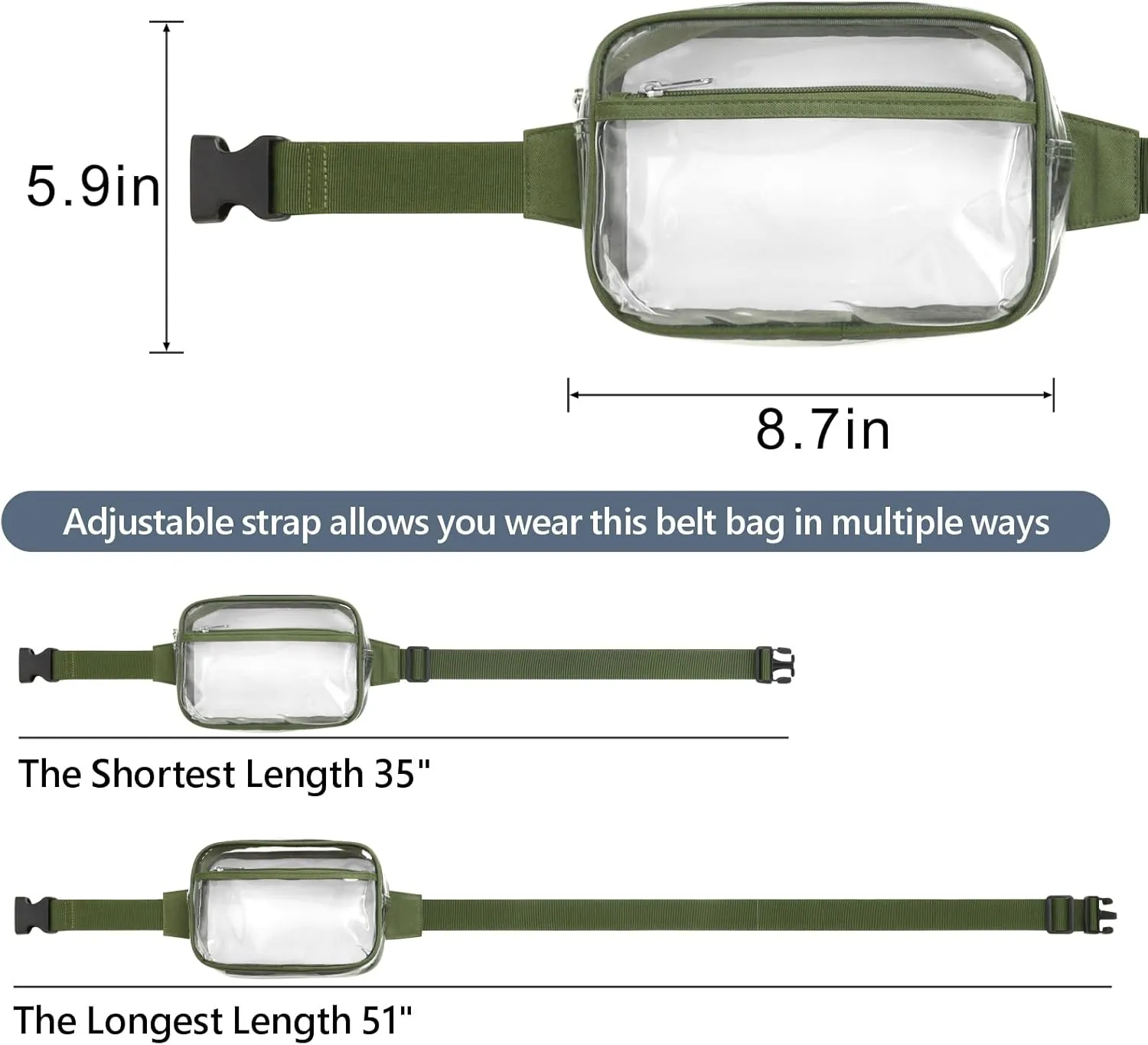 Veckle Clear Fanny Pack - Stadium Approved Clear Belt Bag for Women Large Transparent Waist Bag Crossbody with Adjustable Strap for Sports Events, Concerts, Green