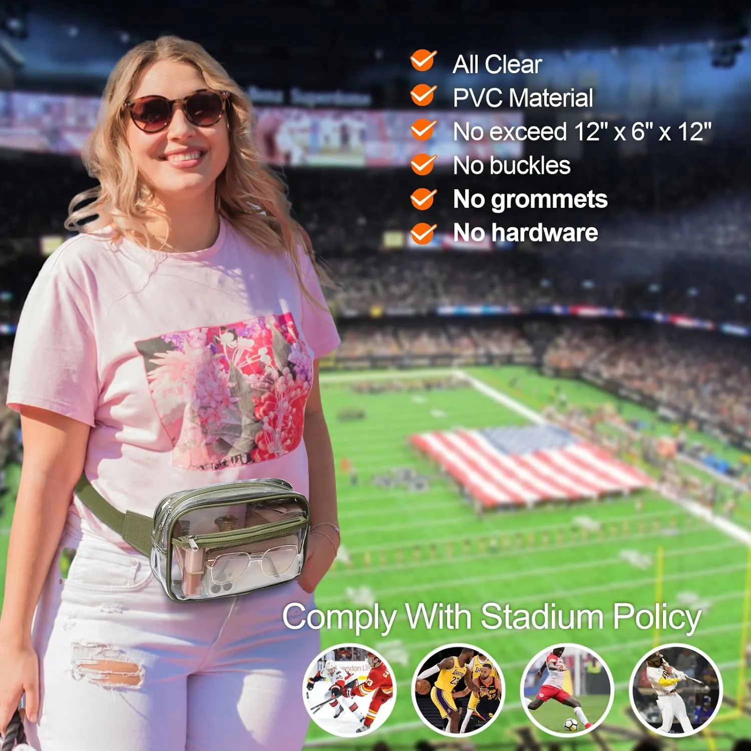 Veckle Clear Fanny Pack - Stadium Approved Clear Belt Bag for Women Large Transparent Waist Bag Crossbody with Adjustable Strap for Sports Events, Concerts, Green