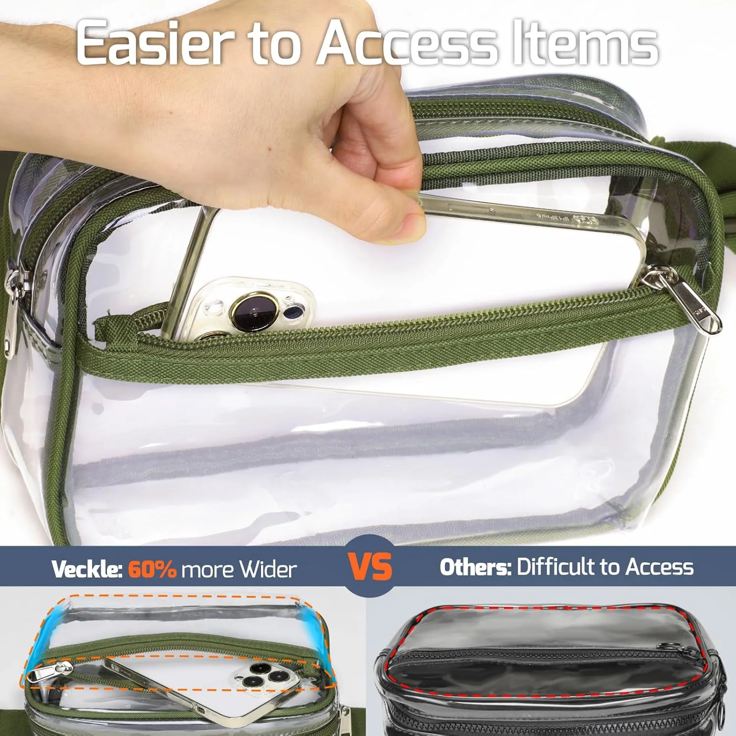 Veckle Clear Fanny Pack - Stadium Approved Clear Belt Bag for Women Large Transparent Waist Bag Crossbody with Adjustable Strap for Sports Events, Concerts, Green