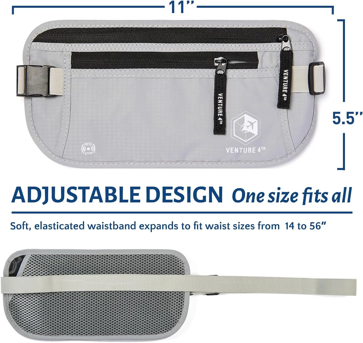 VENTURE 4TH Travel Money Belt RFID Blocking Hidden Waist Stash (Silver)