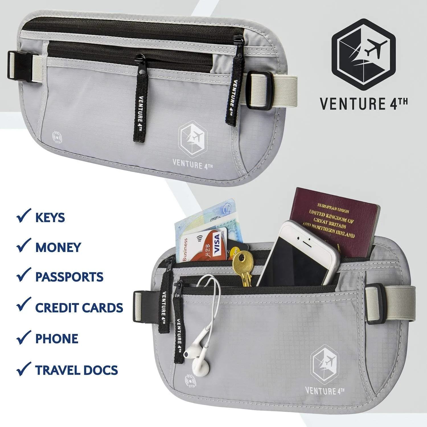 VENTURE 4TH Travel Money Belt RFID Blocking Hidden Waist Stash (Silver)