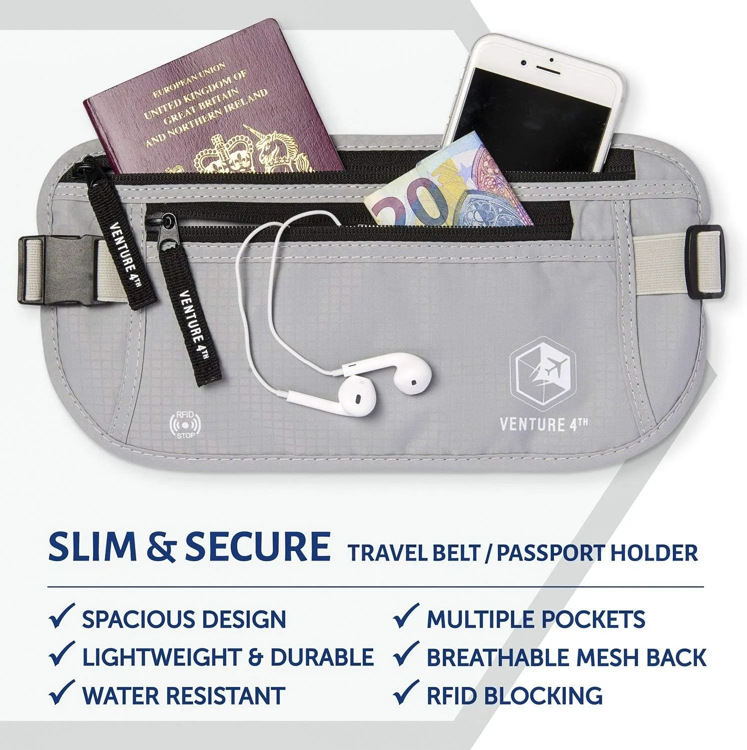 VENTURE 4TH Travel Money Belt RFID Blocking Hidden Waist Stash (Silver)