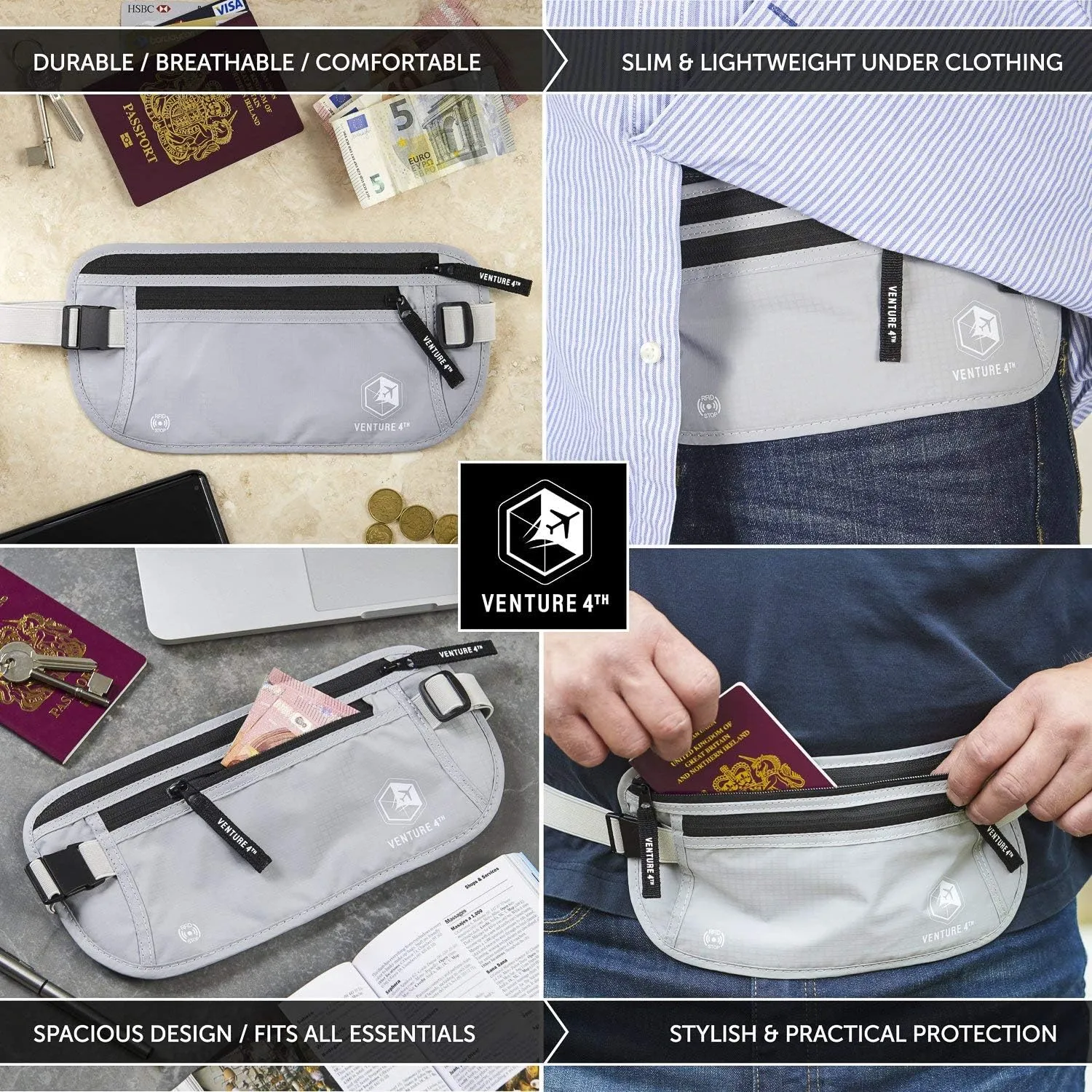 VENTURE 4TH Travel Money Belt RFID Blocking Hidden Waist Stash (Silver)