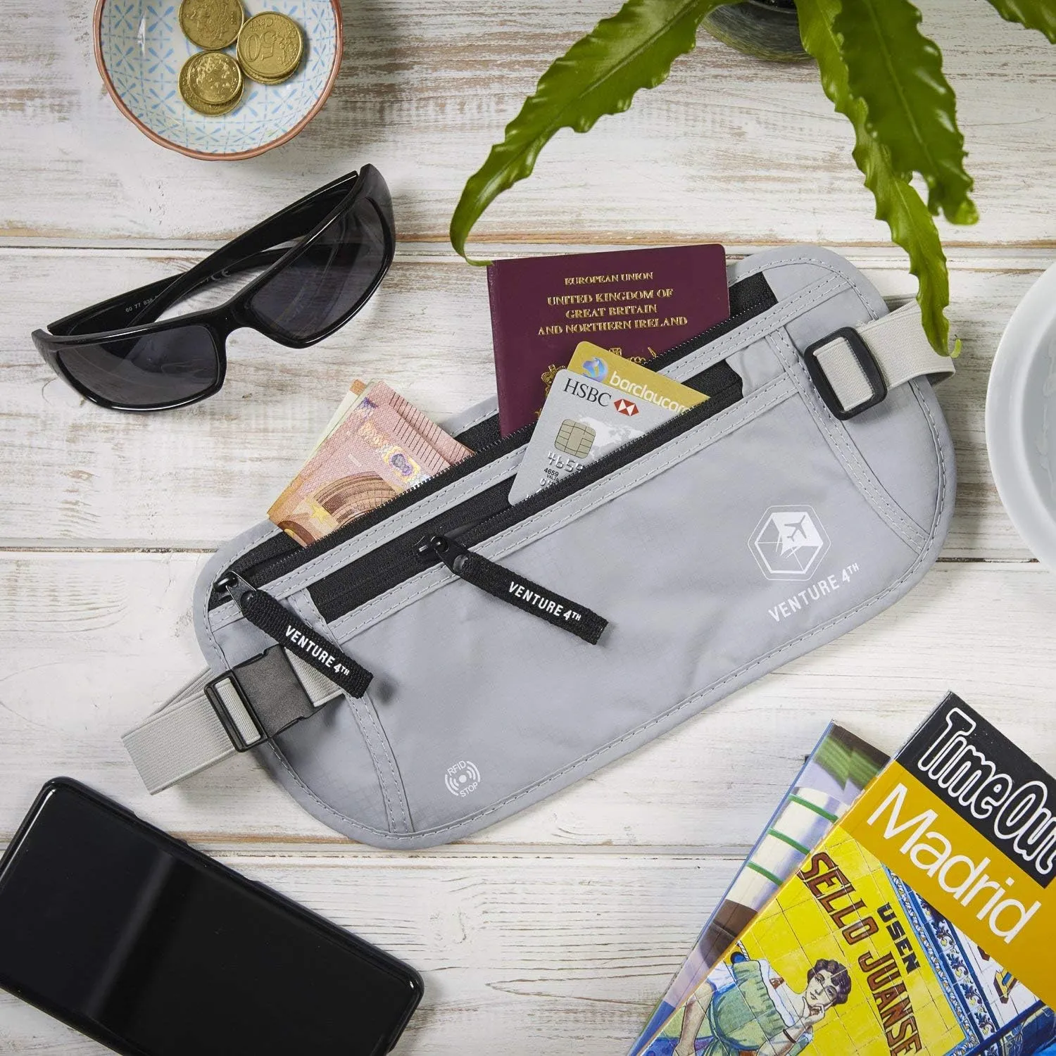 VENTURE 4TH Travel Money Belt RFID Blocking Hidden Waist Stash (Silver)