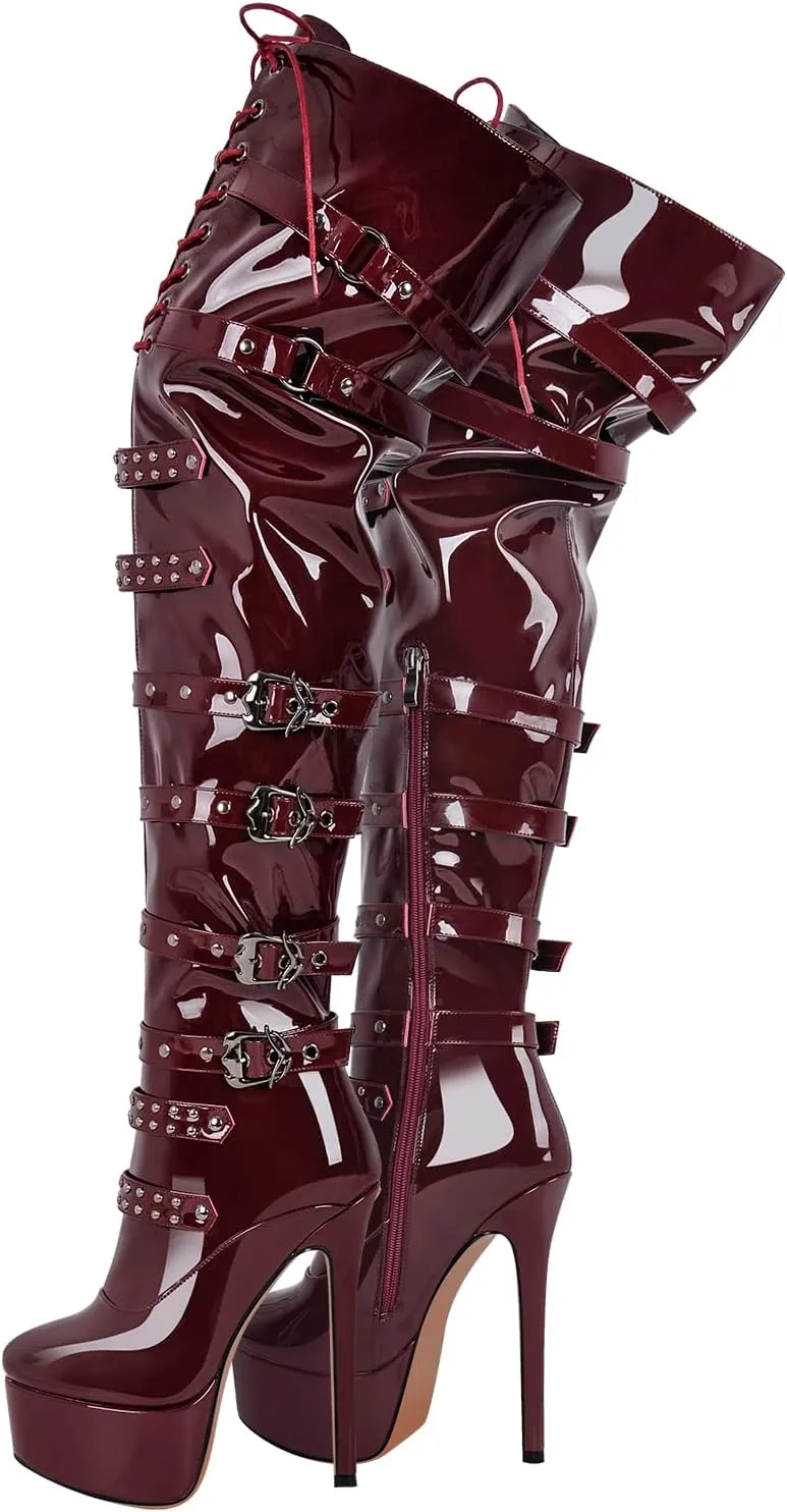 VERISSON Round Toe over the Knee Boots Embellished with Buckle Belts and Studded Grommets Stiletto Heeled Booty