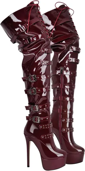 VERISSON Round Toe over the Knee Boots Embellished with Buckle Belts and Studded Grommets Stiletto Heeled Booty