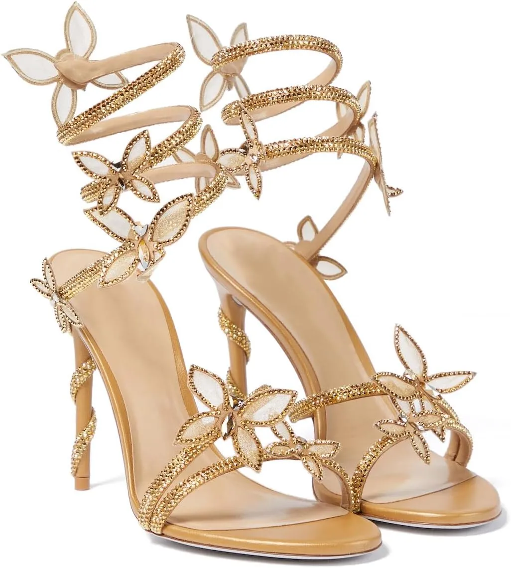 Vertundy Embellished Rhinestone Butterfly Spiral Coil Wrap Around Stiletto Heels Diamante Ankle Strap Fantasy Sparkly Sandals Dress Shoes