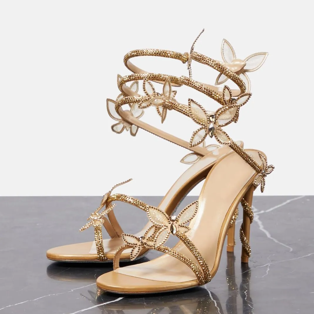Vertundy Embellished Rhinestone Butterfly Spiral Coil Wrap Around Stiletto Heels Diamante Ankle Strap Fantasy Sparkly Sandals Dress Shoes