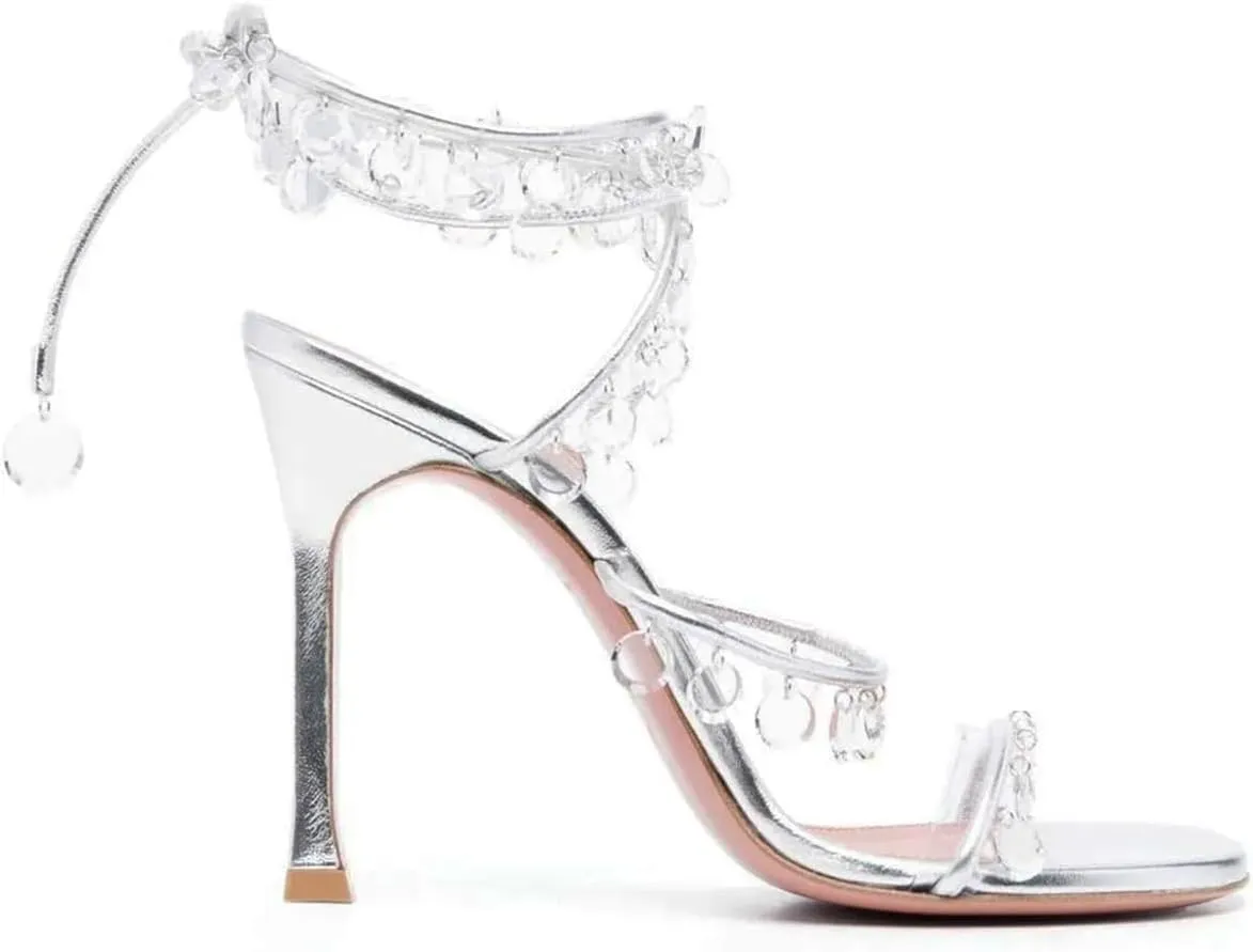 Vertundy Women's Ankle Strappy High-Heeled Sandals Rhinestone Chandelier Embellished Lace Up Round Toe Crystal Stilettos Dress Wedding Sandal Ladies