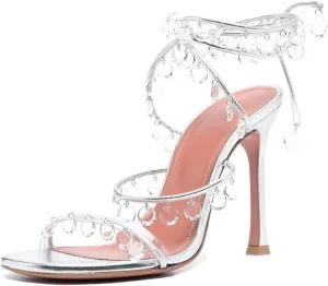 Vertundy Women's Ankle Strappy High-Heeled Sandals Rhinestone Chandelier Embellished Lace Up Round Toe Crystal Stilettos Dress Wedding Sandal Ladies
