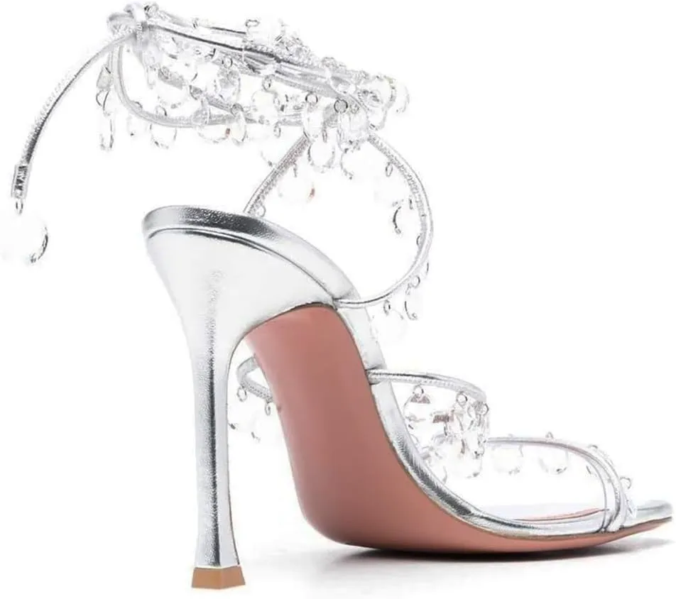 Vertundy Women's Ankle Strappy High-Heeled Sandals Rhinestone Chandelier Embellished Lace Up Round Toe Crystal Stilettos Dress Wedding Sandal Ladies